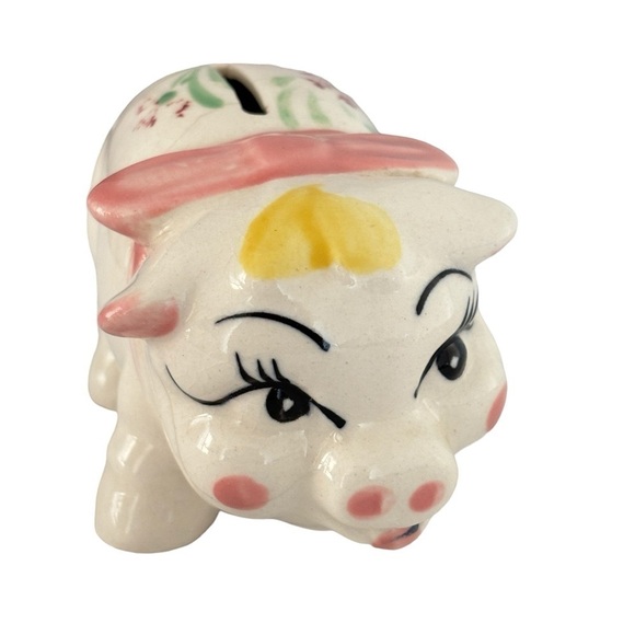 VTG Kitch Hand Painted Ceramic Piggy Coin Bank Floral Japan Mid Century Modern - Picture 3 of 15